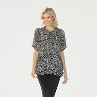 White Mark Printed Womens Split Tie Neck Short Sleeve Peplum Top