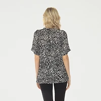 White Mark Printed Womens Split Tie Neck Short Sleeve Peplum Top