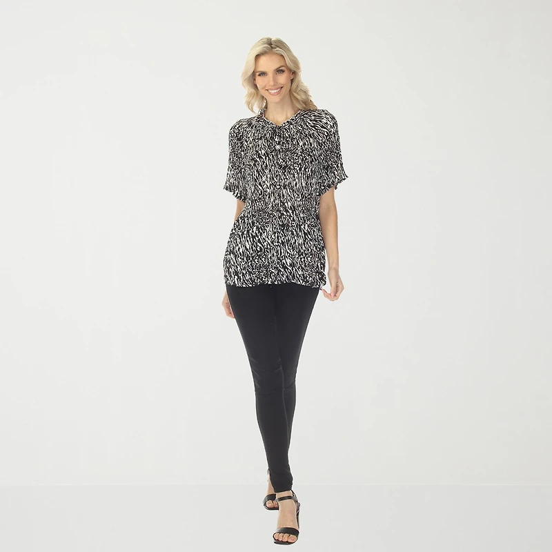 White Mark Printed Womens Split Tie Neck Short Sleeve Peplum Top