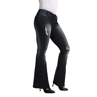 Poetic Justice Womens Mid Rise Ripped Stretch Fabric Curvy Fit Flare Leg Jean