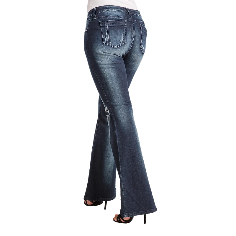 Poetic Justice Womens Mid Rise Ripped Stretch Fabric Curvy Fit Flare Leg Jean