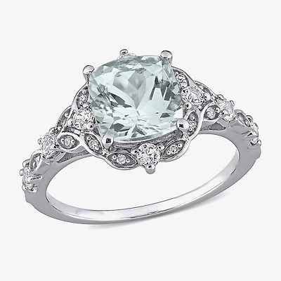 Modern Bride Gemstone Womens Diamond Accent Genuine Blue Aquamarine 14K Gold Cushion Engagement Ring
