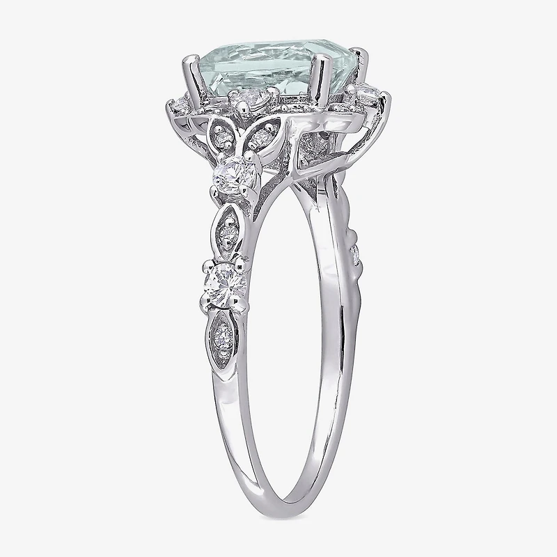 Modern Bride Gemstone Womens Diamond Accent Genuine Blue Aquamarine 14K Gold Cushion Engagement Ring