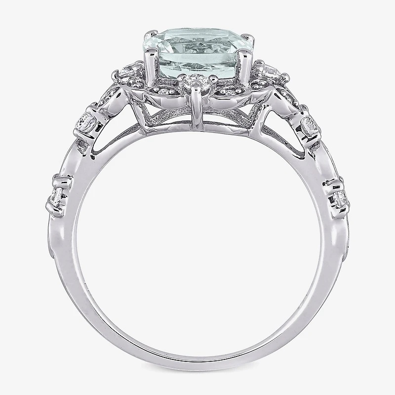 Modern Bride Gemstone Womens Diamond Accent Genuine Blue Aquamarine 14K Gold Cushion Engagement Ring