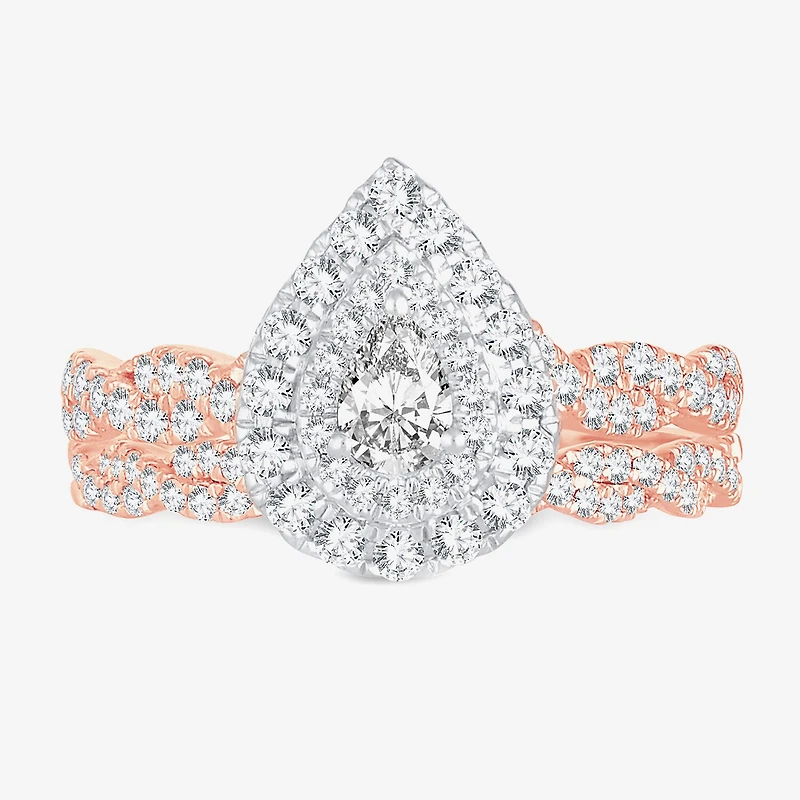 Signature By Modern Bride 1 CT.T.W. Natural Diamond Pear Shape Side Stone Halo Bridal Set 10K or 14K Gold