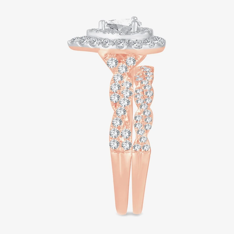 Signature By Modern Bride 1 CT.T.W. Natural Diamond Pear Shape Side Stone Halo Bridal Set 10K or 14K Gold