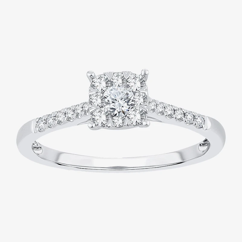 Womens 1/ CT. T.W. Natural White Diamond 10K Gold Cushion Side Stone Halo Engagement Ring