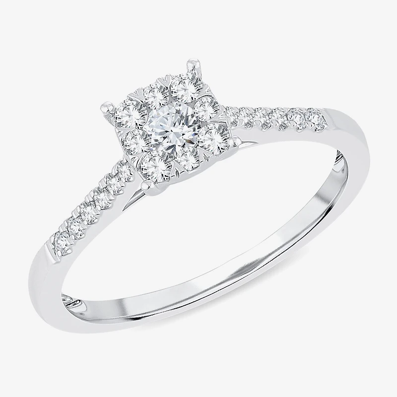 Womens 1/ CT. T.W. Natural White Diamond 10K Gold Cushion Side Stone Halo Engagement Ring
