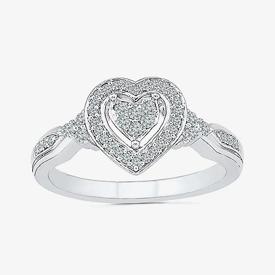 Womens 1/5 CT. Natural White Diamond Sterling Silver Heart Side Stone Halo Engagement Ring