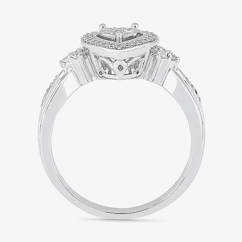 Womens 1/5 CT. Natural White Diamond Sterling Silver Heart Side Stone Halo Engagement Ring