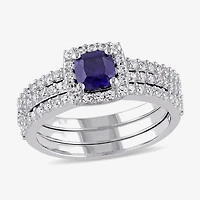 Modern Bride Gemstone Womens Lab Created Blue Sapphire Sterling Silver Cushion Halo Bridal Set