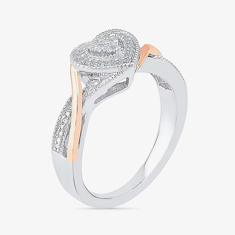 Promise My Love Womens Diamond Accent Natural White 10K Gold Over Silver Heart Crossover Side Stone Ring