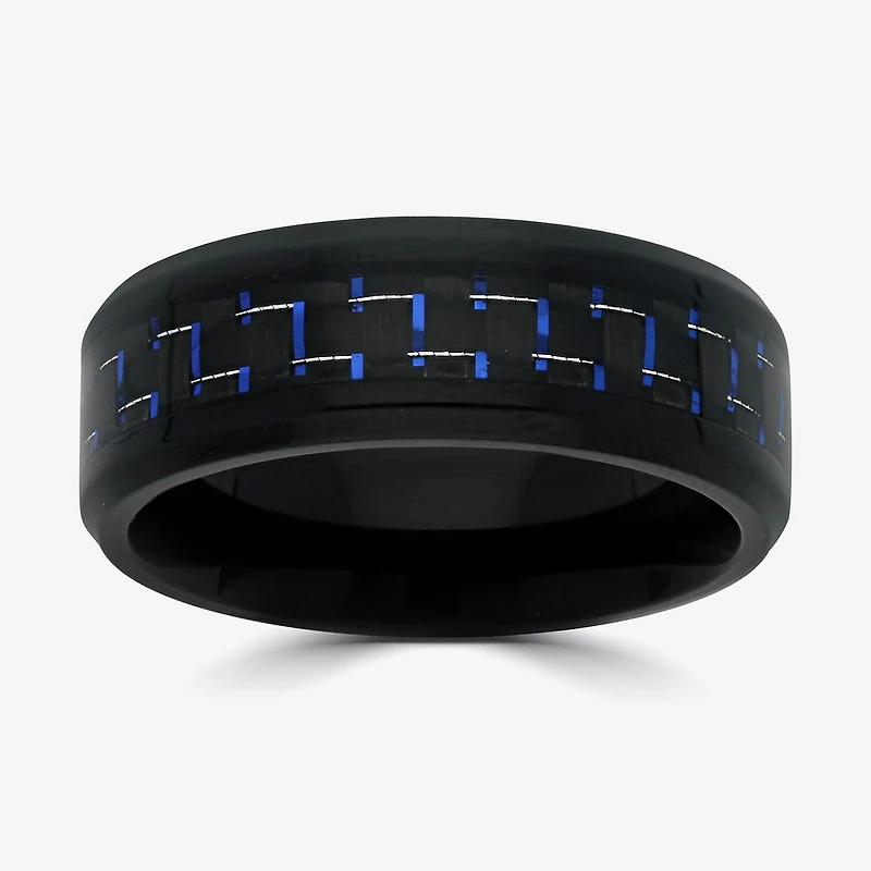 Mens 8MM Black Stainless Steel with Blue Carbon Fiber Wedding Band
