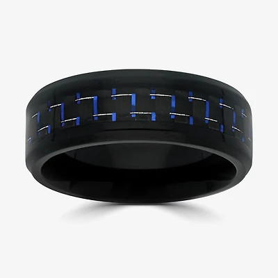 Mens 8MM Black Stainless Steel with Blue Carbon Fiber Wedding Band
