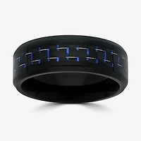 Mens 8MM Black Stainless Steel with Blue Carbon Fiber Wedding Band