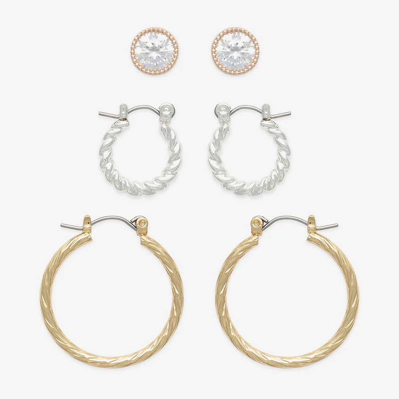 Mixit Two Tone Hoop & Stud Womens Cubic Zirconia 3 Pair Earring Set