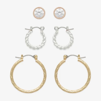 Mixit Two Tone Hoop & Stud Womens Cubic Zirconia 3 Pair Earring Set