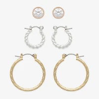 Mixit Two Tone Hoop & Stud Womens Cubic Zirconia 3 Pair Earring Set