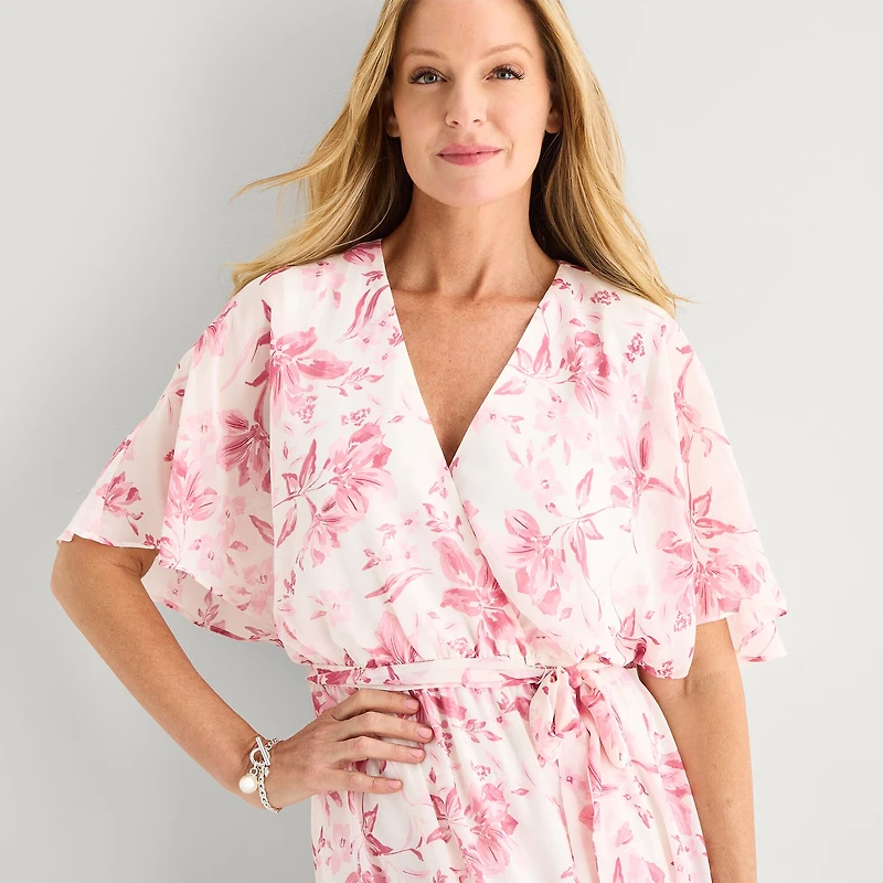Studio 1 Womens V Neck Short Sleeve Kimono Maxi Dress
