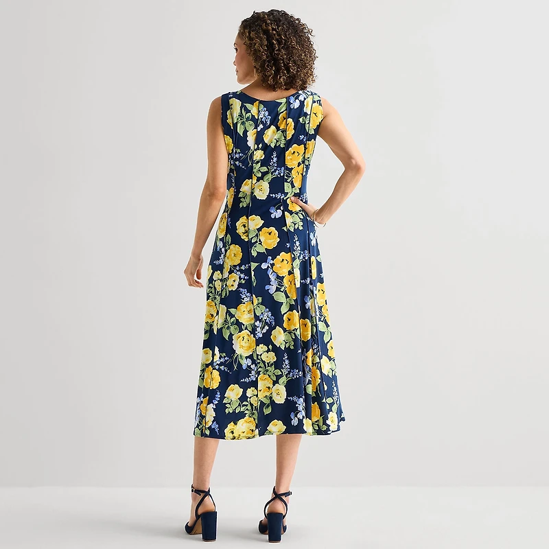 Perceptions Womens Midi Split Tie Neck Sleeveless Floral Fit + Flare Dress