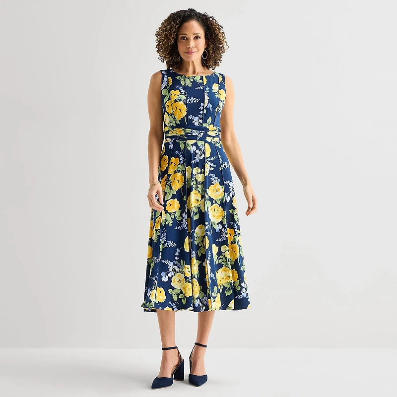 Perceptions Womens Midi Split Tie Neck Sleeveless Floral Fit + Flare Dress