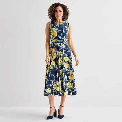 Perceptions Womens Midi Split Tie Neck Sleeveless Floral Fit + Flare Dress