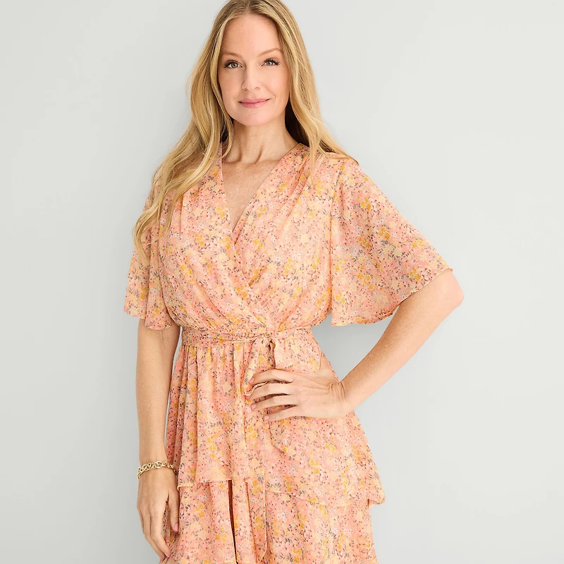 Studio 1 Womens Midi V Neck Short Sleeve Flutter Floral Fit + Flare Dress