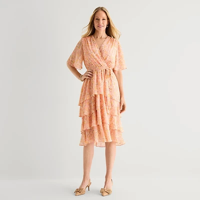 Studio 1 Womens Midi V Neck Short Sleeve Flutter Floral Fit + Flare Dress