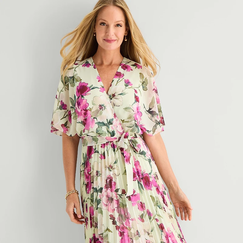 Studio 1 Womens Midi V Neck Short Sleeve Flutter Floral Fit + Flare Dress
