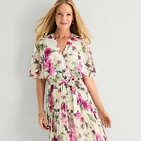 Studio 1 Womens Midi V Neck Short Sleeve Flutter Floral Fit + Flare Dress