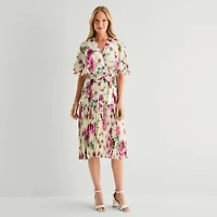 Studio 1 Womens Midi V Neck Short Sleeve Flutter Floral Fit + Flare Dress