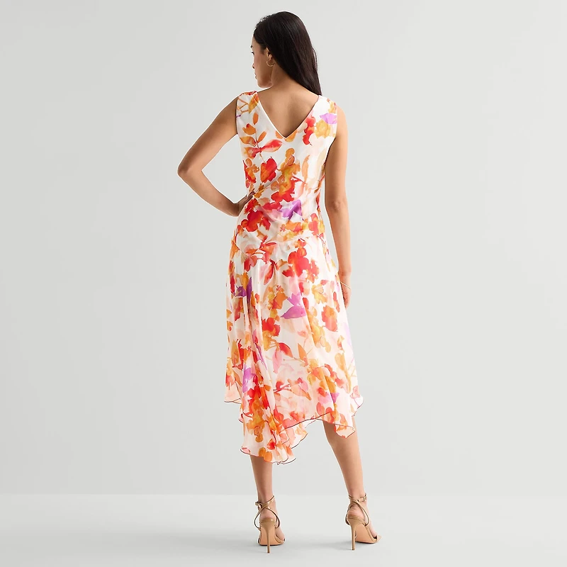 Rabbit Design Womens Midi V Neck Sleeveless Floral Fit + Flare Dress