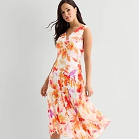 Rabbit Design Womens Midi V Neck Sleeveless Floral Fit + Flare Dress