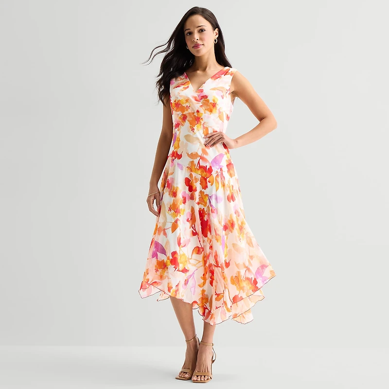 Rabbit Design Womens Midi V Neck Sleeveless Floral Fit + Flare Dress