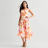 Rabbit Design Womens Midi V Neck Sleeveless Floral Fit + Flare Dress