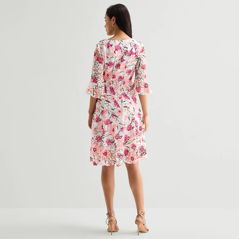 Rabbit Design Womens Round Neck 3/4 Sleeve Ruffled Floral Fit + Flare Dress