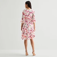 Rabbit Design Womens Round Neck 3/4 Sleeve Ruffled Floral Fit + Flare Dress