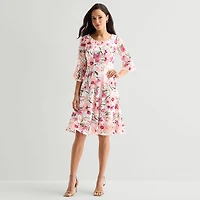 Rabbit Design Womens Round Neck 3/4 Sleeve Ruffled Floral Fit + Flare Dress