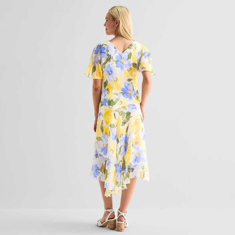 Rabbit Design Womens Midi V Neck Short Sleeve Flutter Floral Fit + Flare Dress
