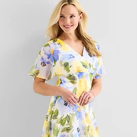 Rabbit Design Womens Midi V Neck Short Sleeve Flutter Floral Fit + Flare Dress