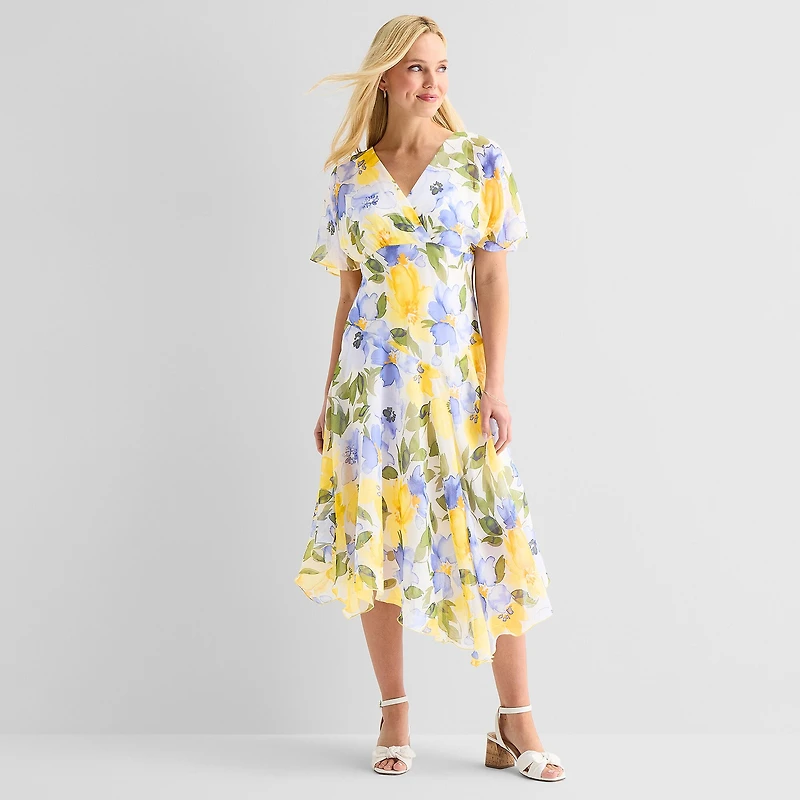 Rabbit Design Womens Midi V Neck Short Sleeve Flutter Floral Fit + Flare Dress