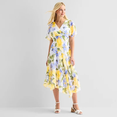Rabbit Design Womens Midi V Neck Short Sleeve Flutter Floral Fit + Flare Dress