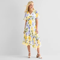 Rabbit Design Womens Midi V Neck Short Sleeve Flutter Floral Fit + Flare Dress