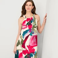 52seven Womens Midi Round Neck Sleeveless Abstract Shift Dress