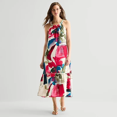 52seven Womens Midi Round Neck Sleeveless Abstract Shift Dress