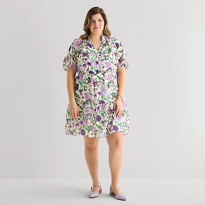Sam And Jess Womens Plus V Neck Short Sleeve Floral Shift Dress