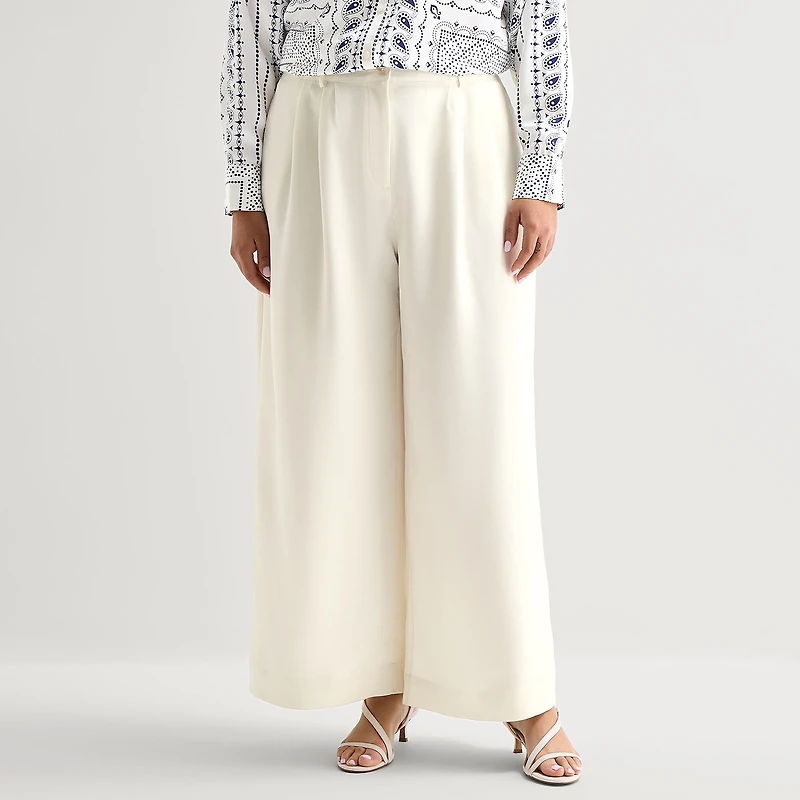 Worthington Womens Plus Wide Leg High Rise Pleated Pant