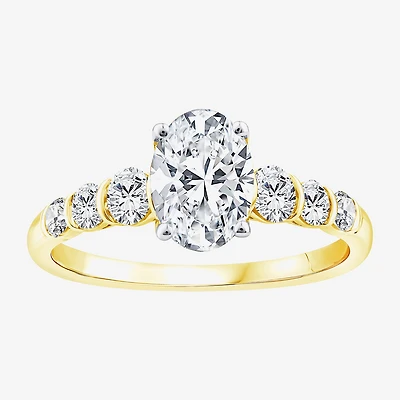 F / Vs2) Womens /2 CT. T.W. Lab Grown White Diamond 10K Gold Oval Side Stone Engagement Ring