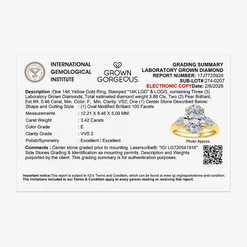 Grown Gorgeous (F / Vs2) Womens 3 3/4 CT. T.W. Lab White Diamond 14K Gold Oval 3-Stone Engagement Ring