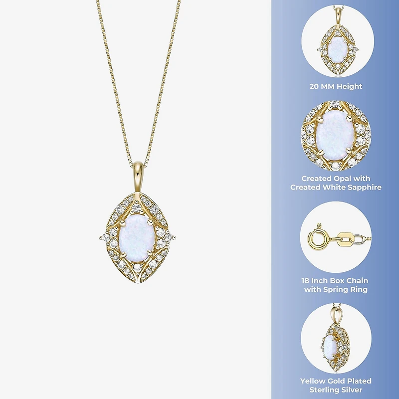 Womens Lab Created White Opal 18K Gold Over Silver Oval 18 Inch Pendant Necklace